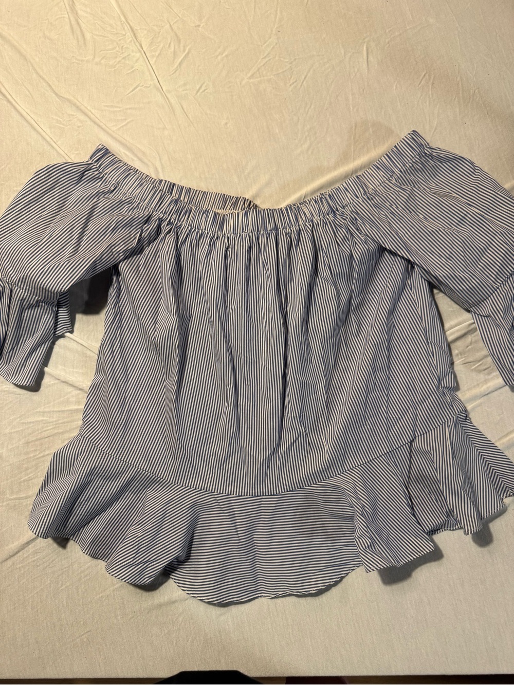 Anthropologie Blue & White Striped Off-Shoulder Ruffle Top – XS